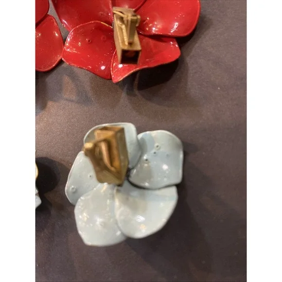 Vintage By Bohmer Red & Blue Enamel 3D Floral Clip-On Earrings Original Box - Picture 14 of 16